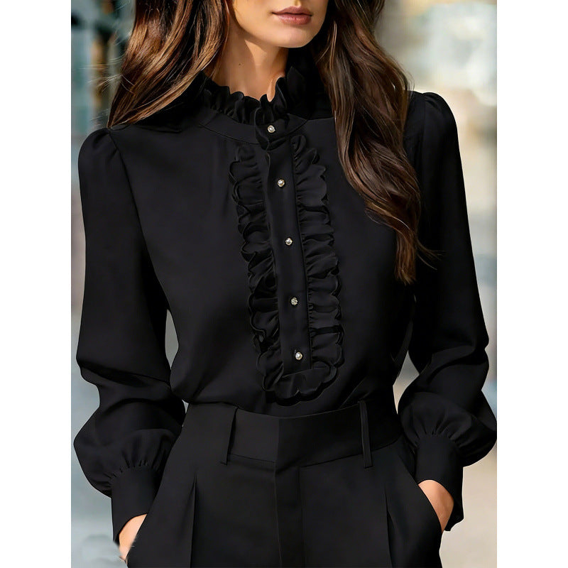 Womens Solid-Color French-Elegant Ruffle-Trimmed Shirt