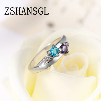 Genuine Silver Ring for Women Forever Love Clear CZ Silver Color Filled Double Love Heart Finger Rings Luxury Jewelry Bijoux