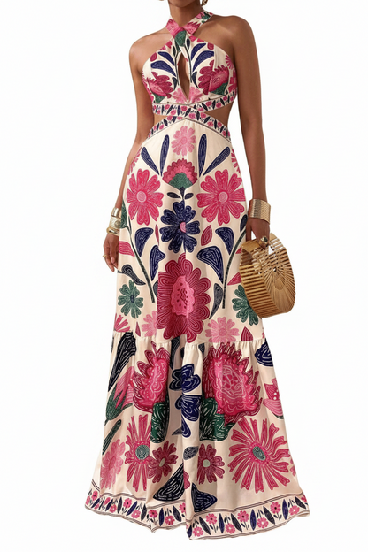 Women's Floral Halter Maxi Dress – Cutout Waist & Ruffle Hem