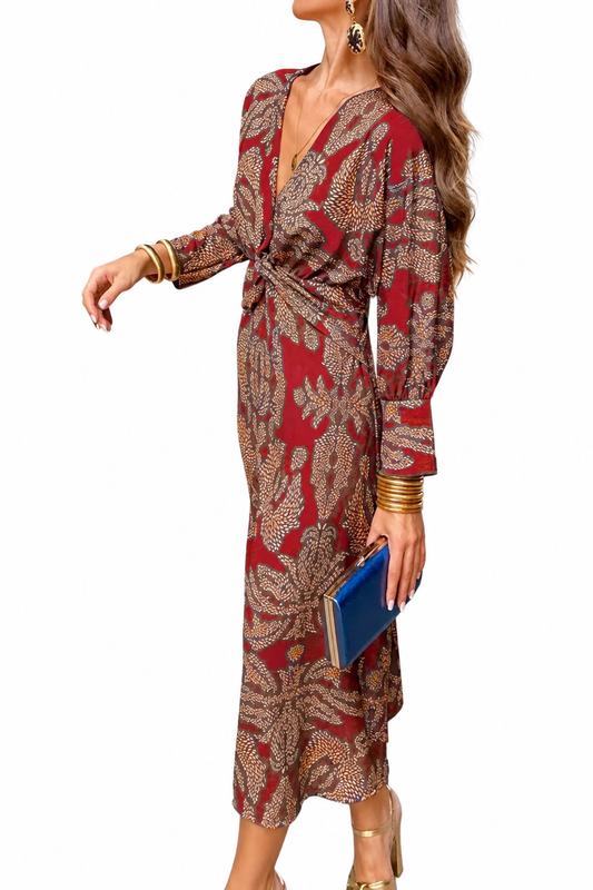 Wine red printed V-neck twist midi dress on white background